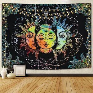 Psychedelic Burning Sun Moon Stars Tapestry Mandala Living Room Bedroom Dorm NWT